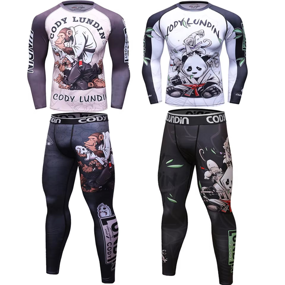 Rash Guard Jiu Jitsu T-Shirts+Pants Sets Rashguard for Men Kickboxing Perspiration Gym Training MMA Boxing Kit Muay Thai T-Shirt